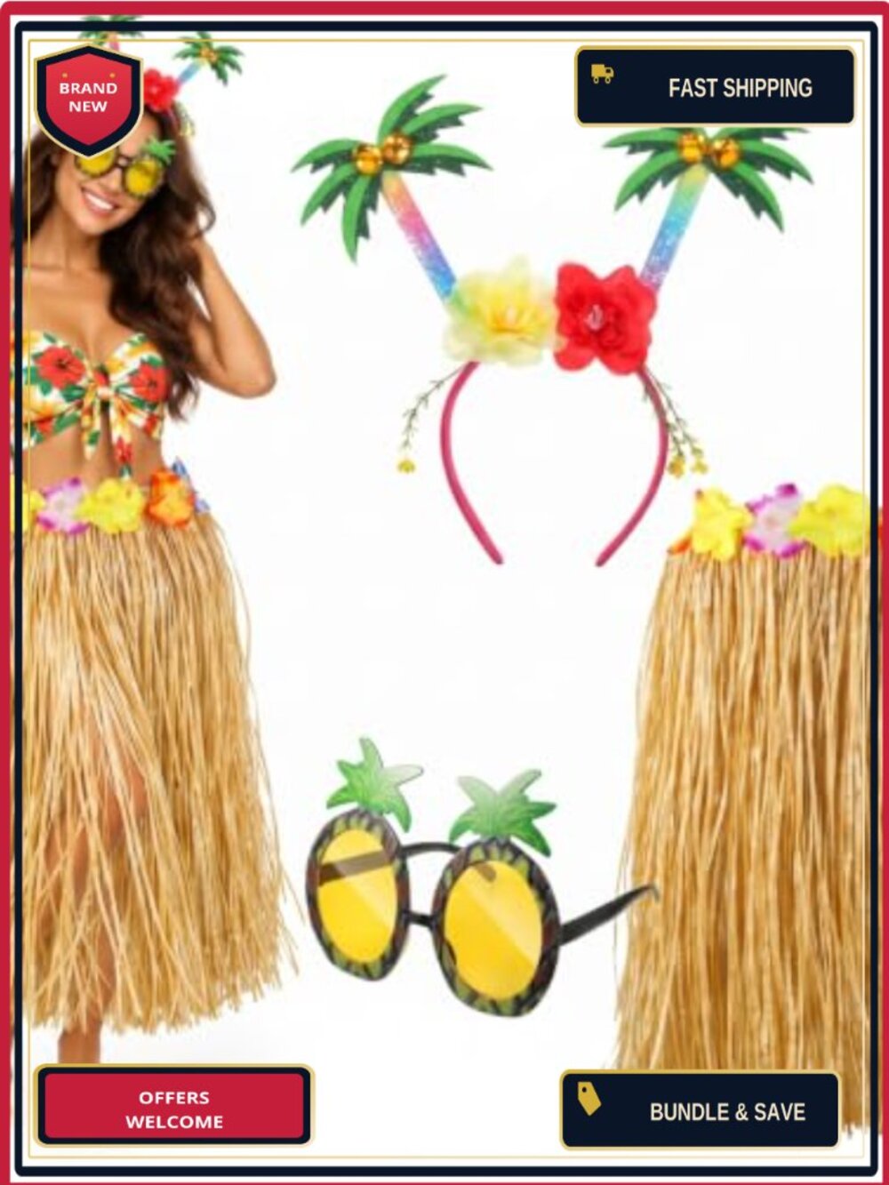 Hawaiian Hula Grass Skirt Set 3 Pc Luau Halloween Costume Adult Women